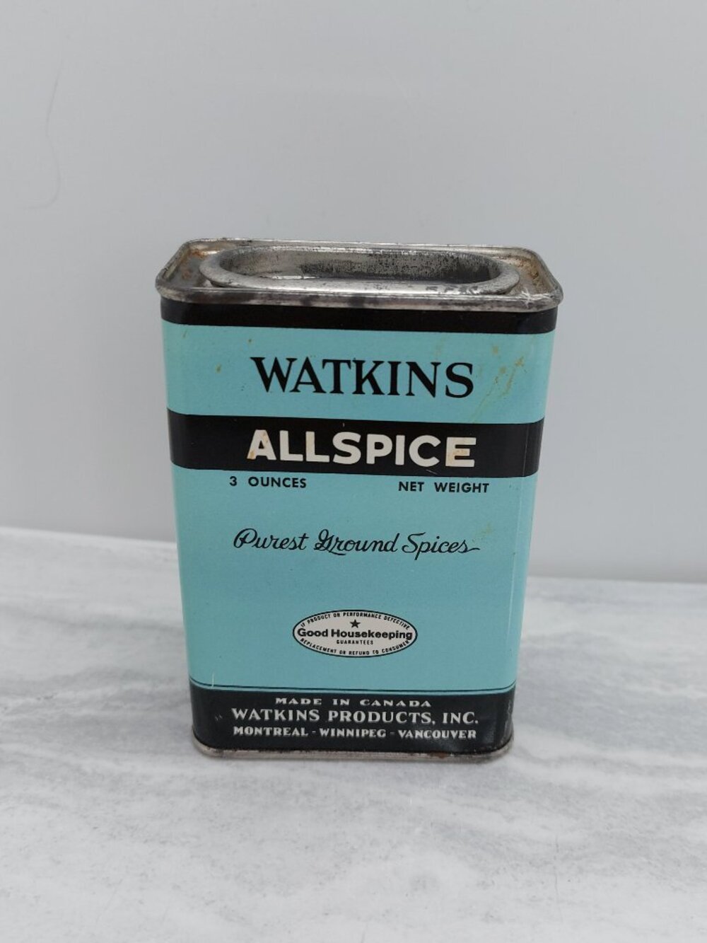 Vintage Watkins Spice Tin Allspice 3 Oz. Turquoise Color Made In Canada